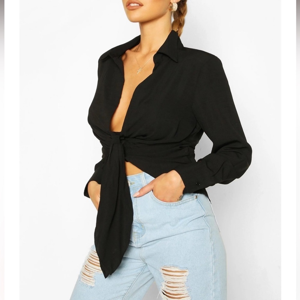boohoo Black Woven Tie Front plunge neck cropped Shirt size 2